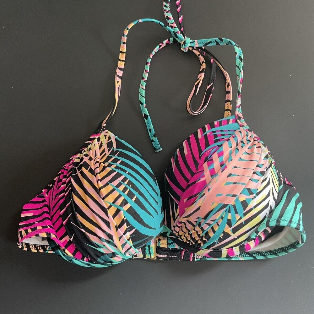 Shade and Shore Womens Bikini Top Size 34B Black Padded Bright Hawaiian Printโ
